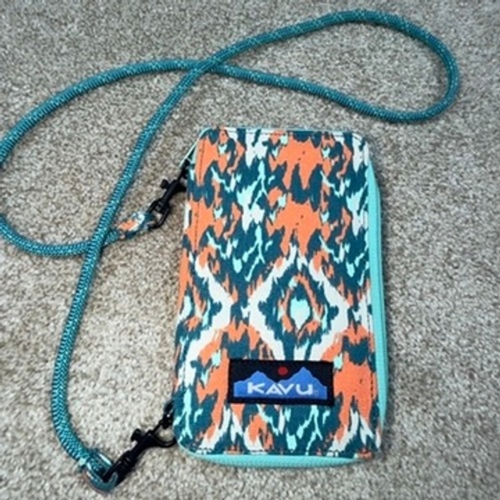KAVU Go Time Crossbody Wallet Ikat Orange Teal Canvas Phone Bag Strap